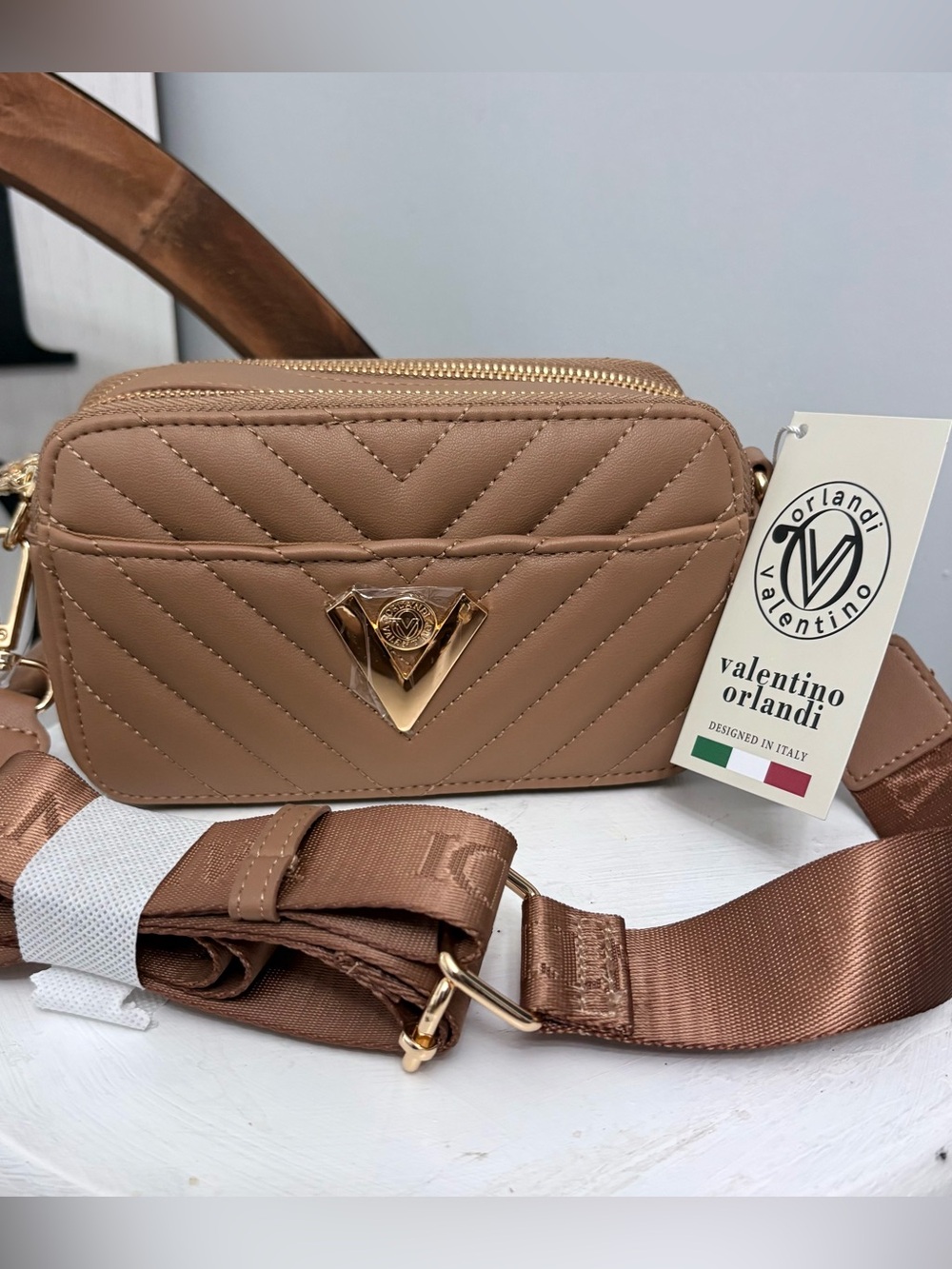Valentino Orlandi Quilted Crossbody Bag in Taupe Brown with Gold Hardware NWT - Picture 1 of 6